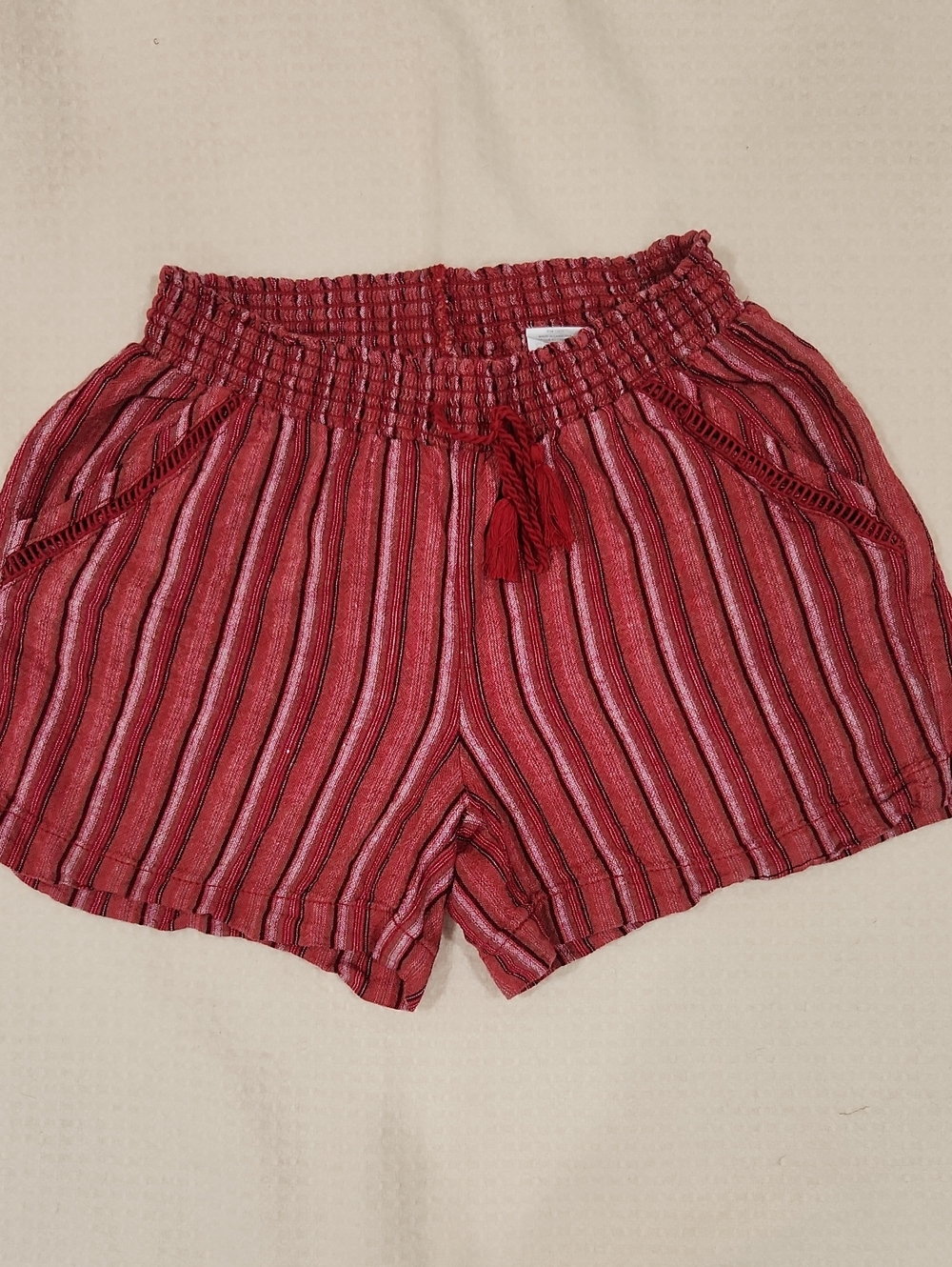 Briggs New York Red Striped High-Waist Smocked Shorts